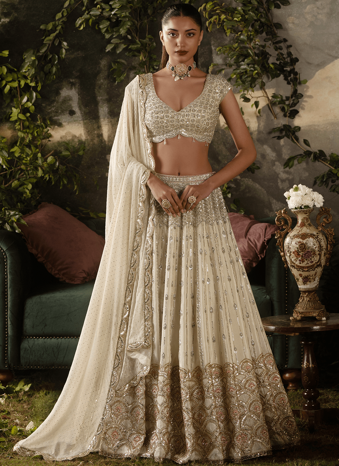 Off White Embroidered Tissue Lehenga