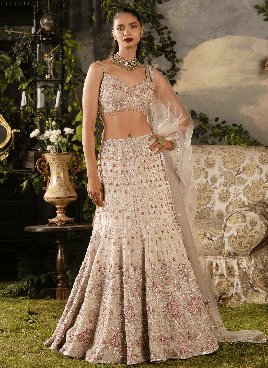 Off White Embroidered Tissue Lehenga