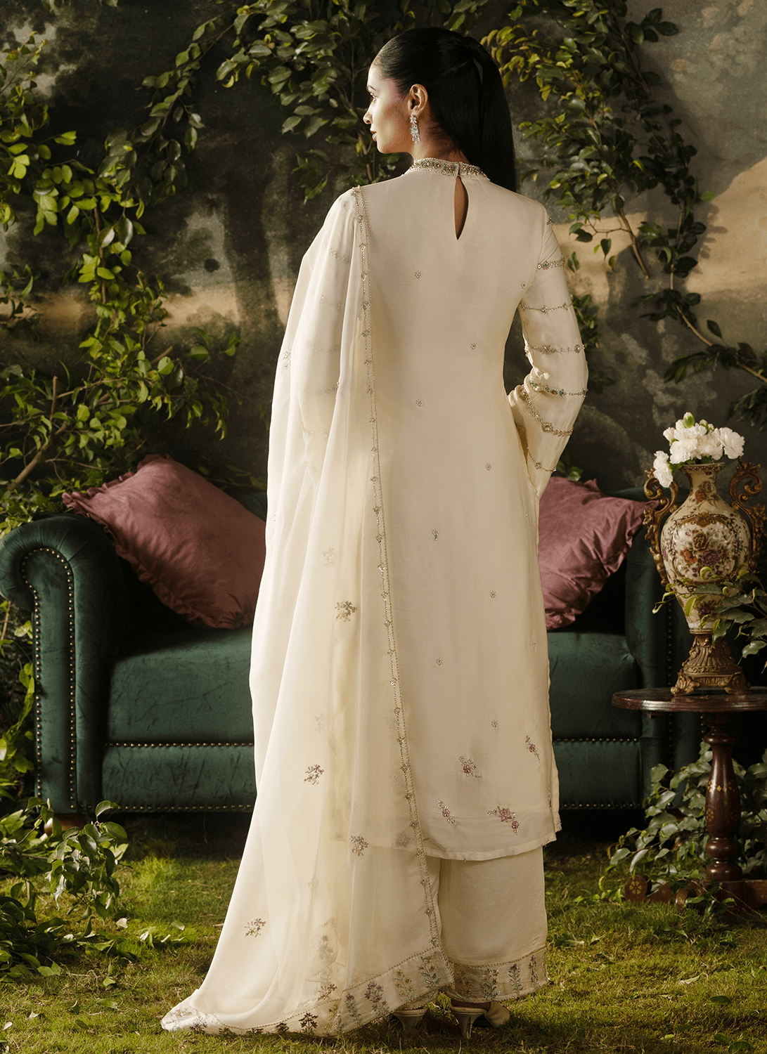 Off White Embroidered Viscose Satin Organza Straight Suit