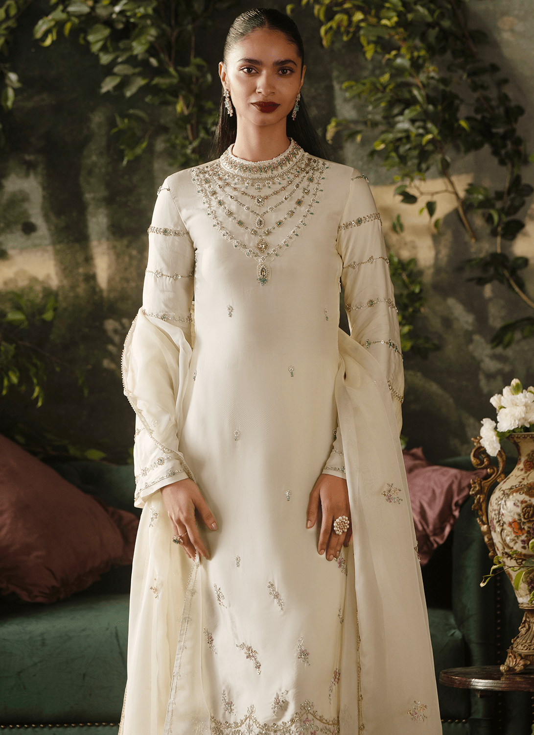 Off White Embroidered Viscose Satin Organza Straight Suit