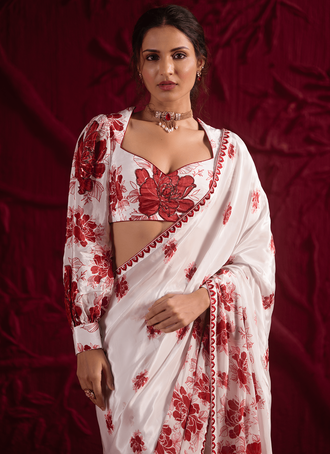 Off White Floral Embroidered Crepe Silk Saree