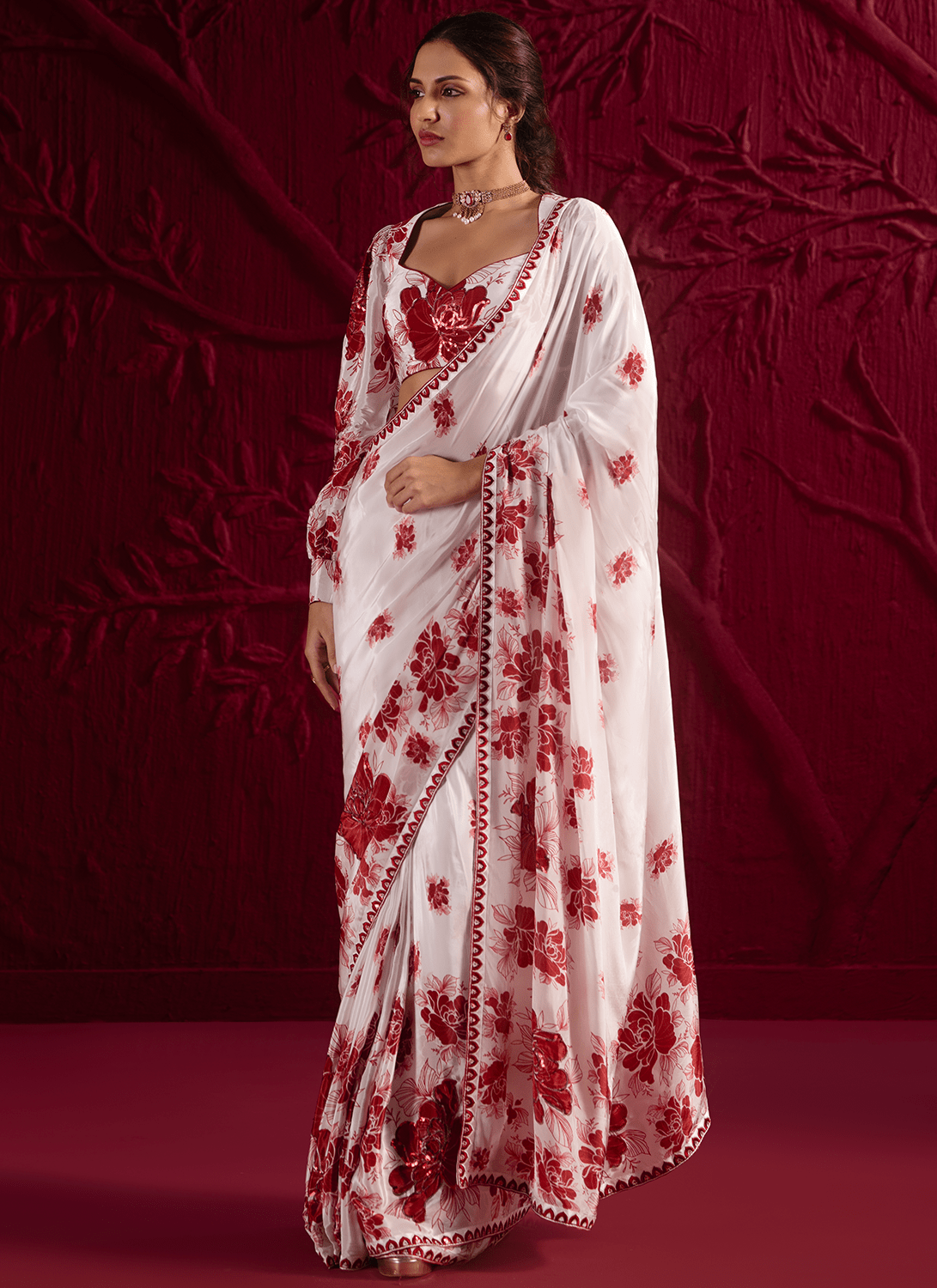Off White Floral Embroidered Crepe Silk Saree