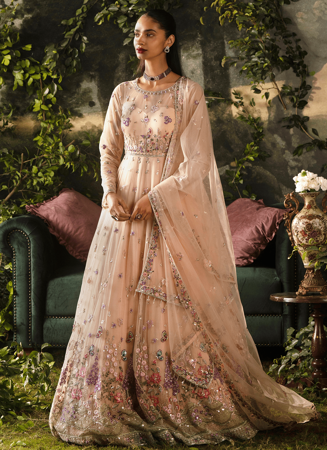 Peach Embroidered Net Anarkali