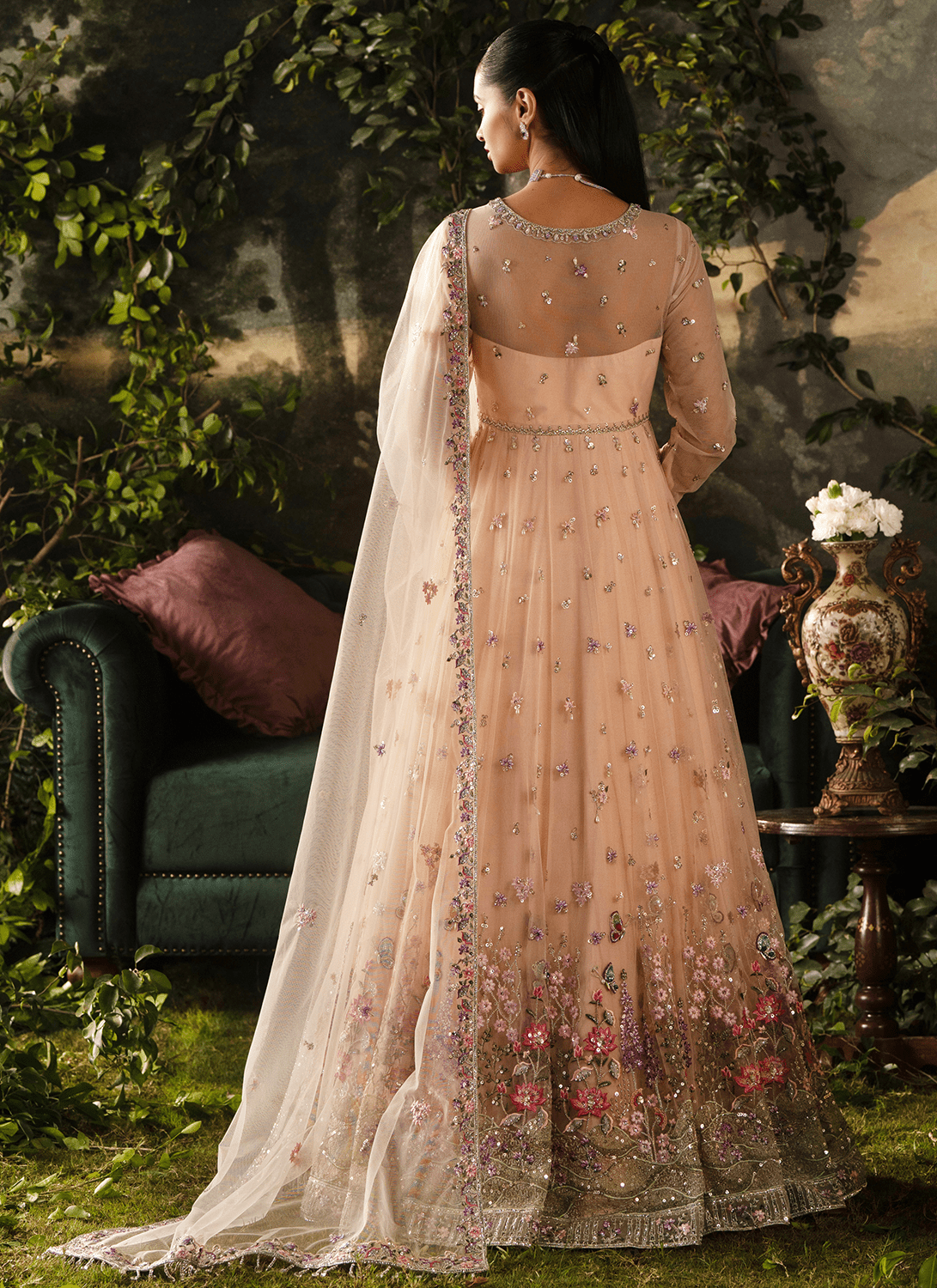 Peach Embroidered Net Anarkali