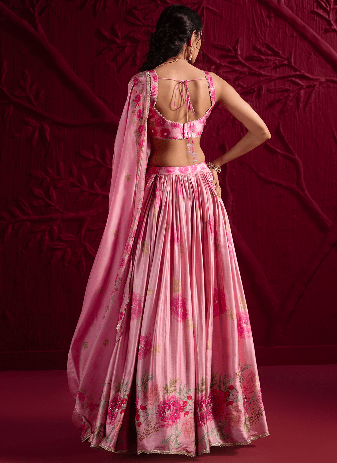 Pink Floral Embroidered Satin Georgette Lehenga