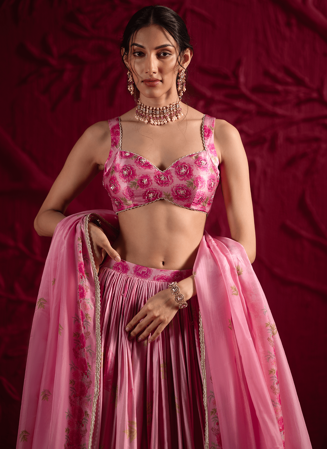 Pink Floral Embroidered Satin Georgette Lehenga