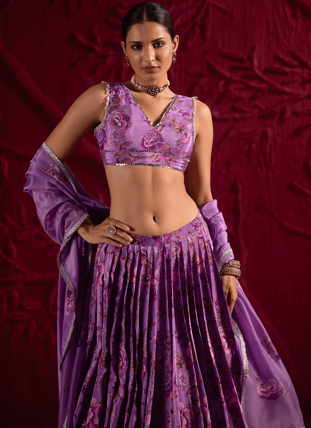 Purple Floral Embroidered Crepe Silk Lehenga