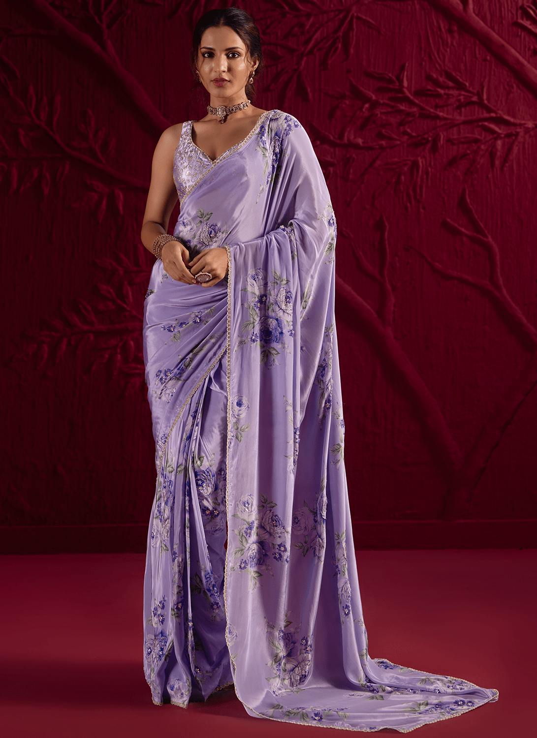 Purple Floral Embroidered Crepe Silk Saree