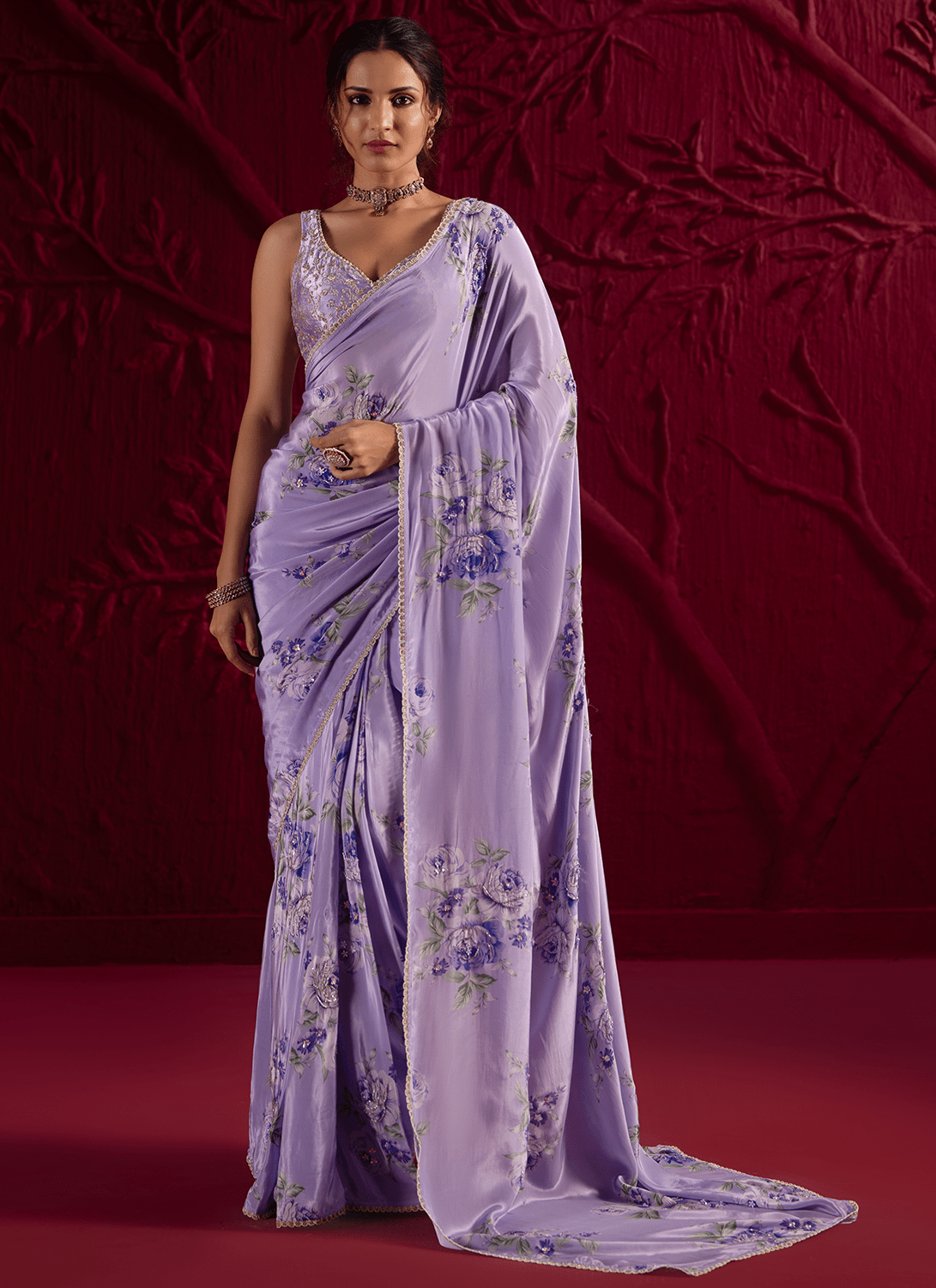 Purple Floral Embroidered Crepe Silk Saree