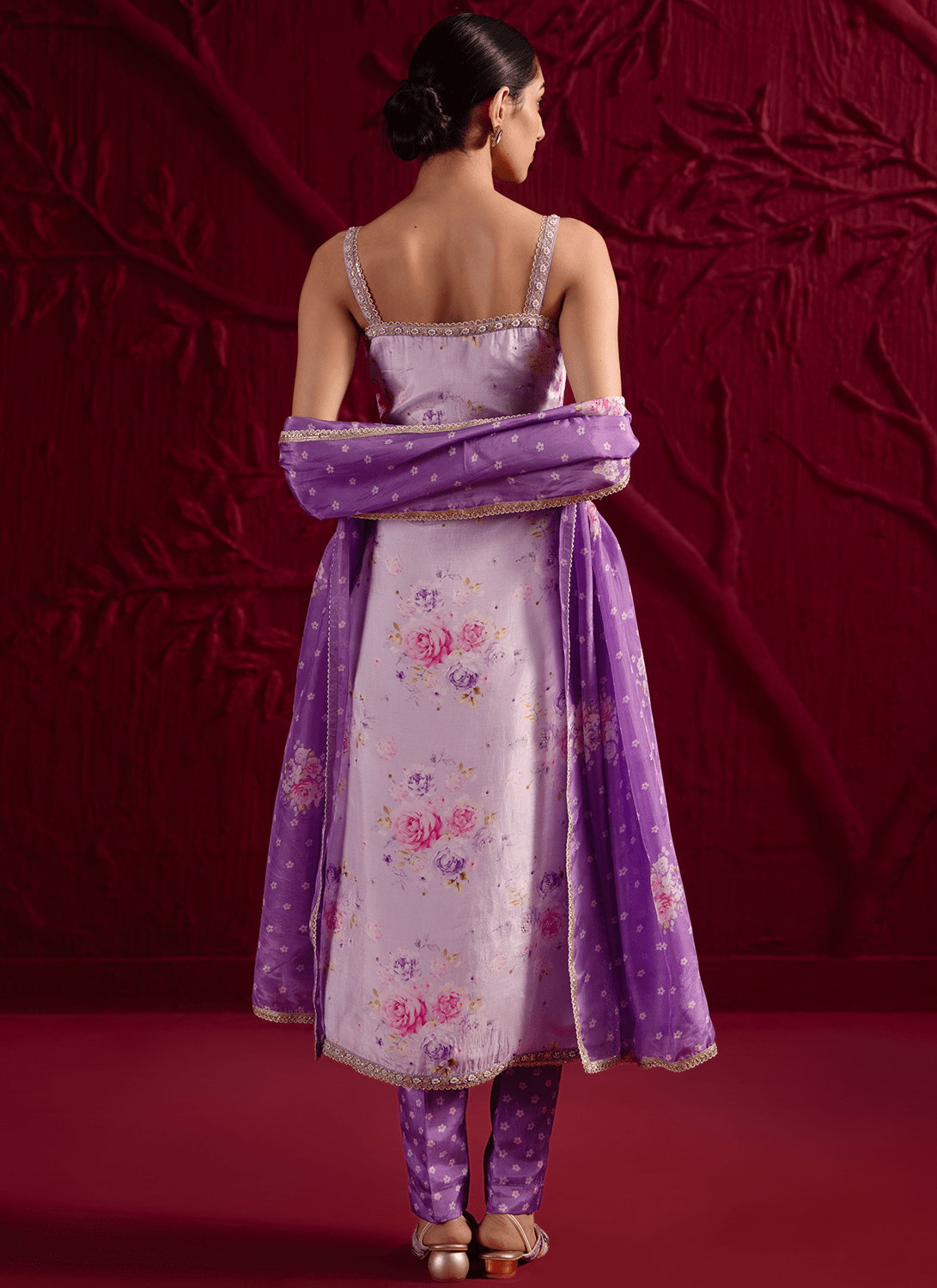 Purple Floral Embroidered Crepe Silk Straight Suit