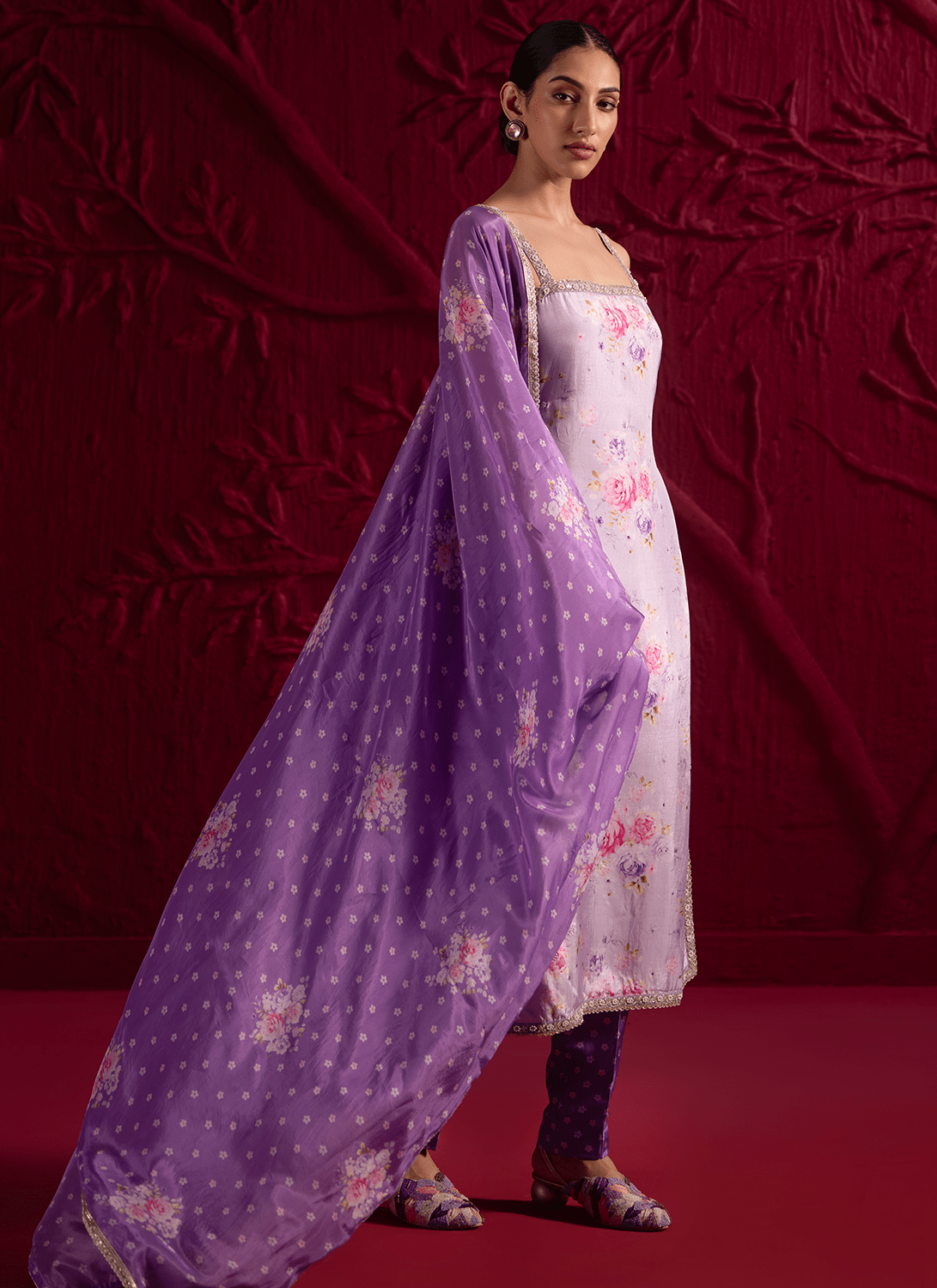 Purple Floral Embroidered Crepe Silk Straight Suit