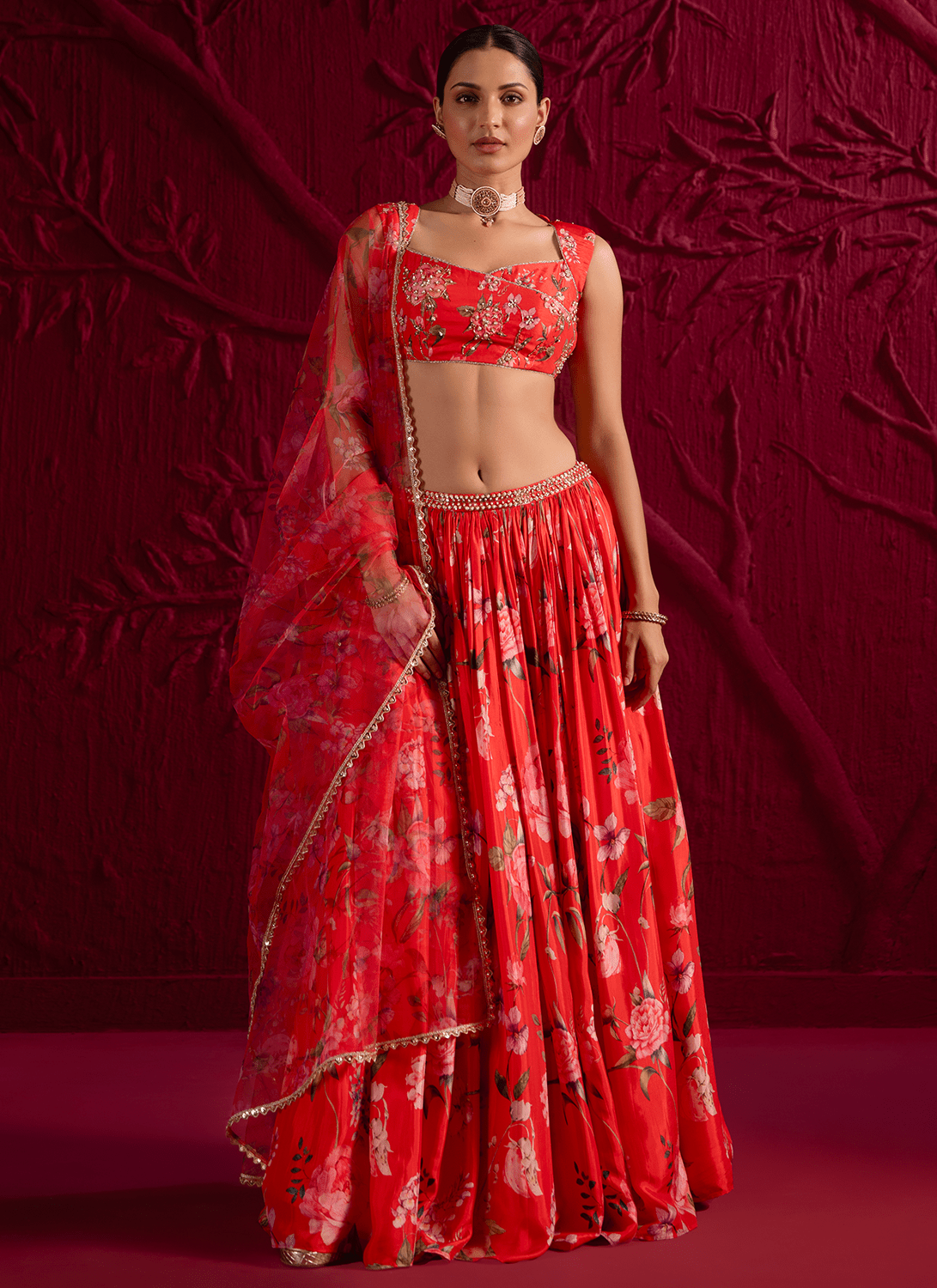 Red Floral Embroidered Viscose Satin Georgette Lehenga