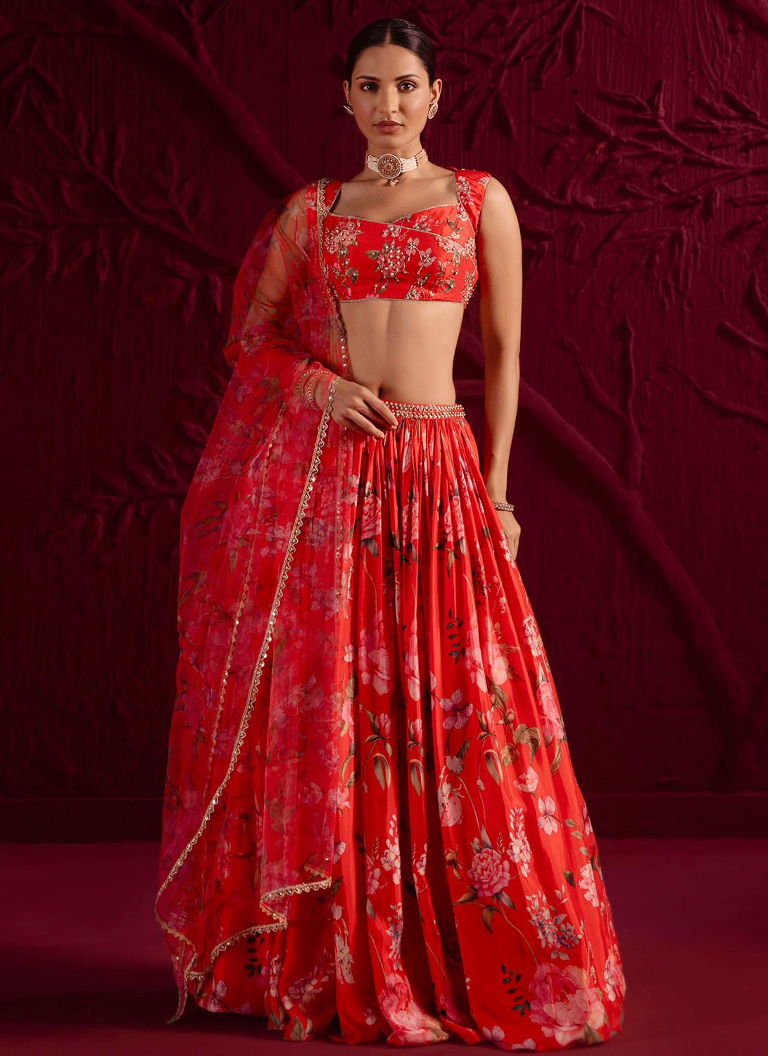 Red Floral Embroidered Viscose Satin Georgette Lehenga
