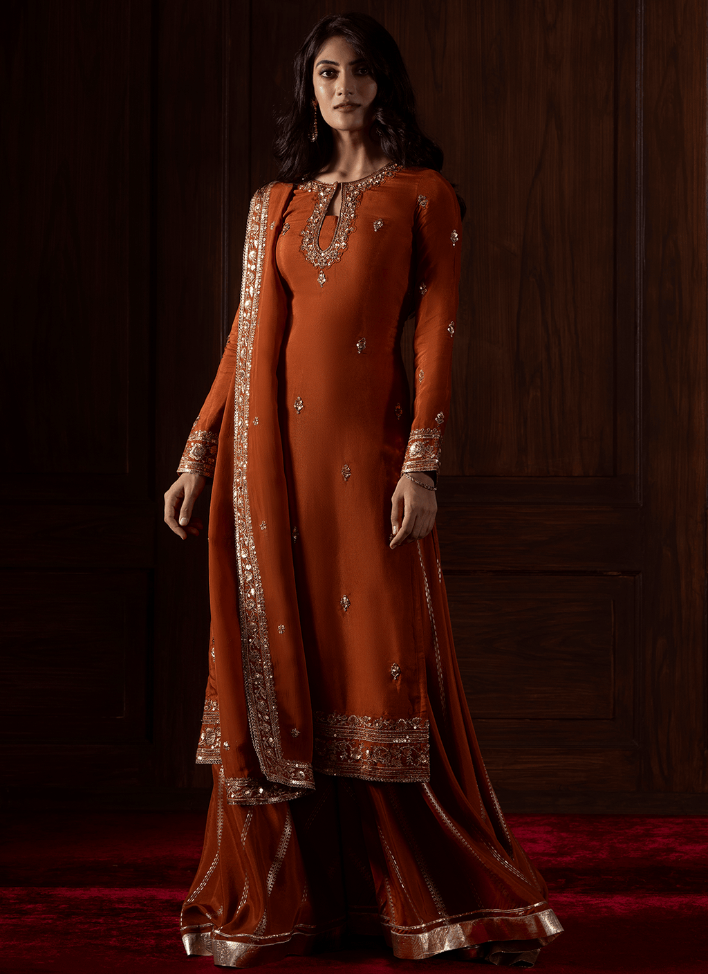 Rust Embroidered Organza Sharara