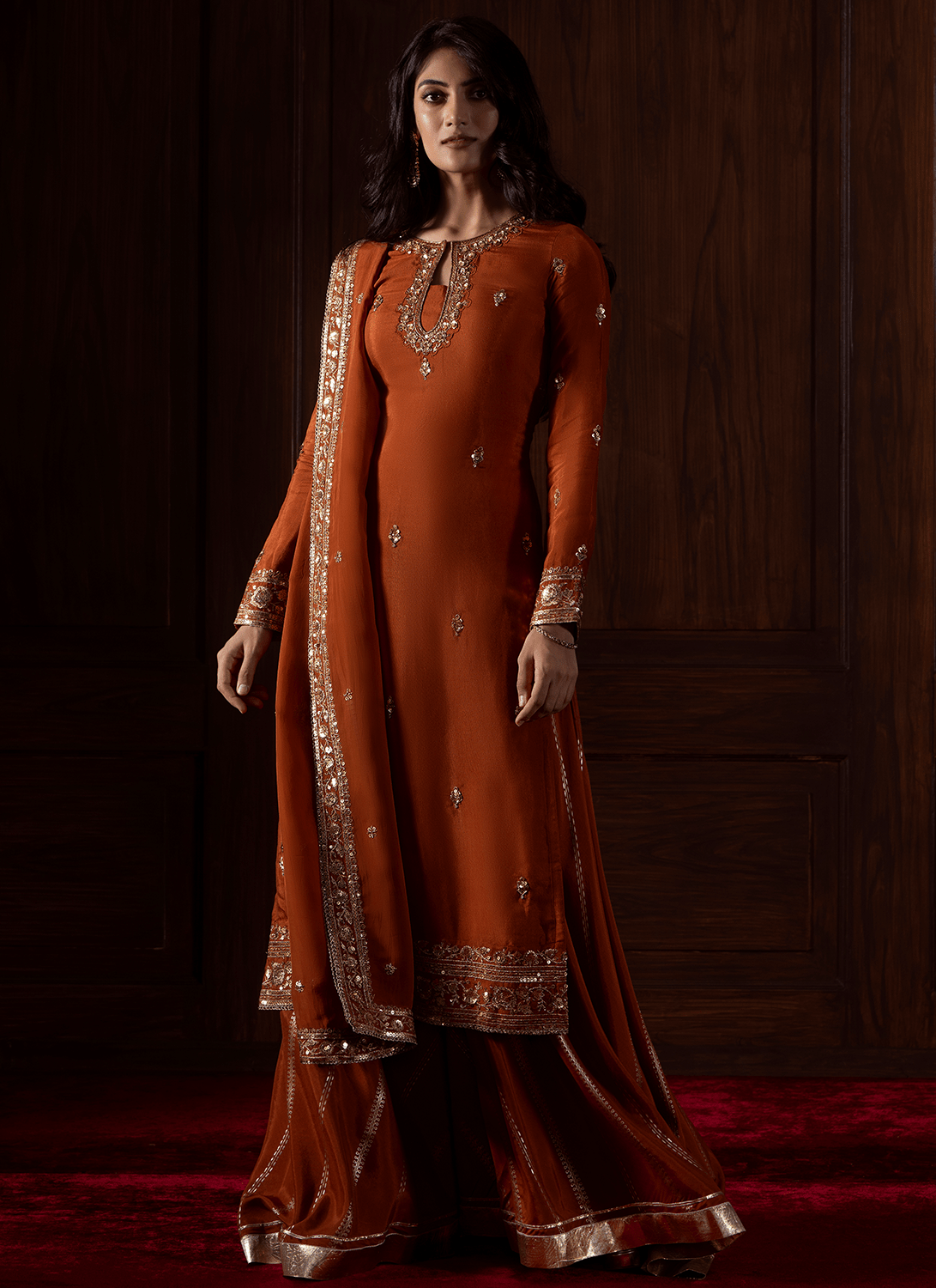 Rust Embroidered Organza Sharara