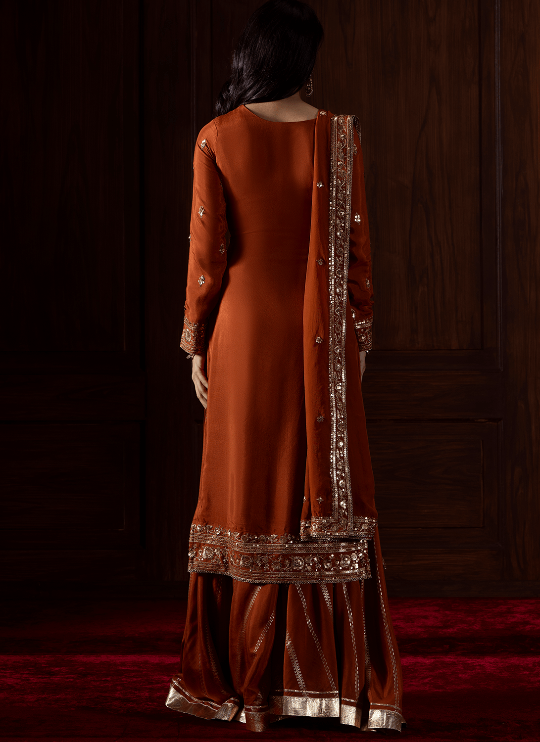 Rust Embroidered Organza Sharara