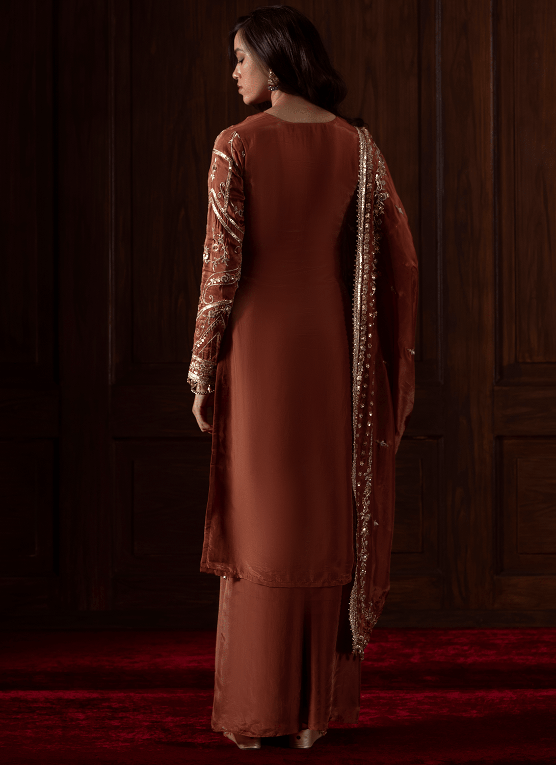 Rust Embroidered Silk Palazzo Suit