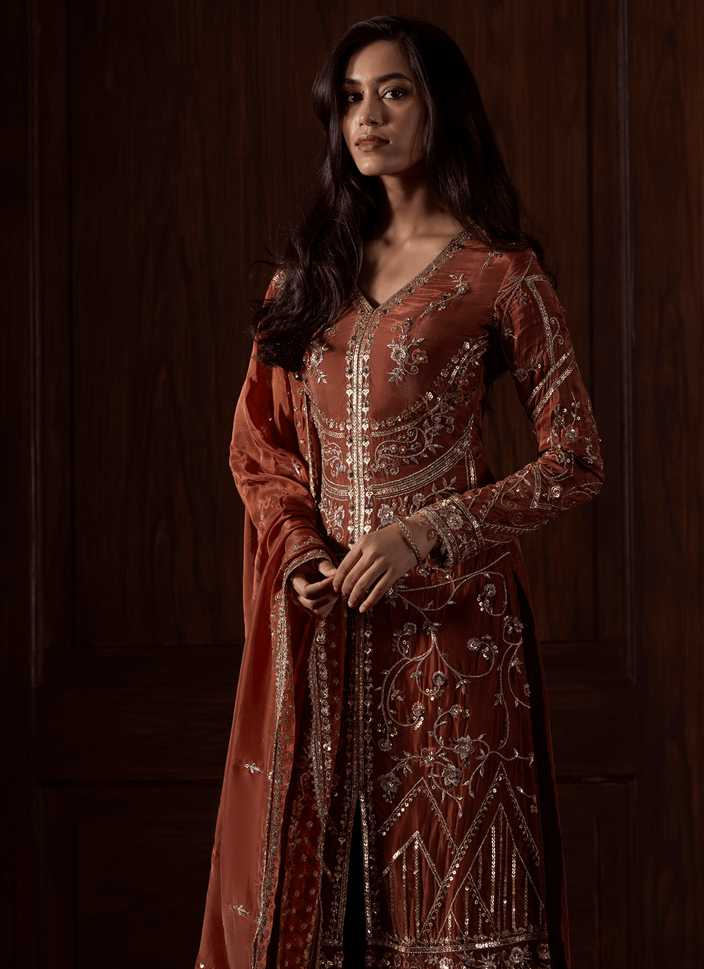 Rust Embroidered Silk Palazzo Suit