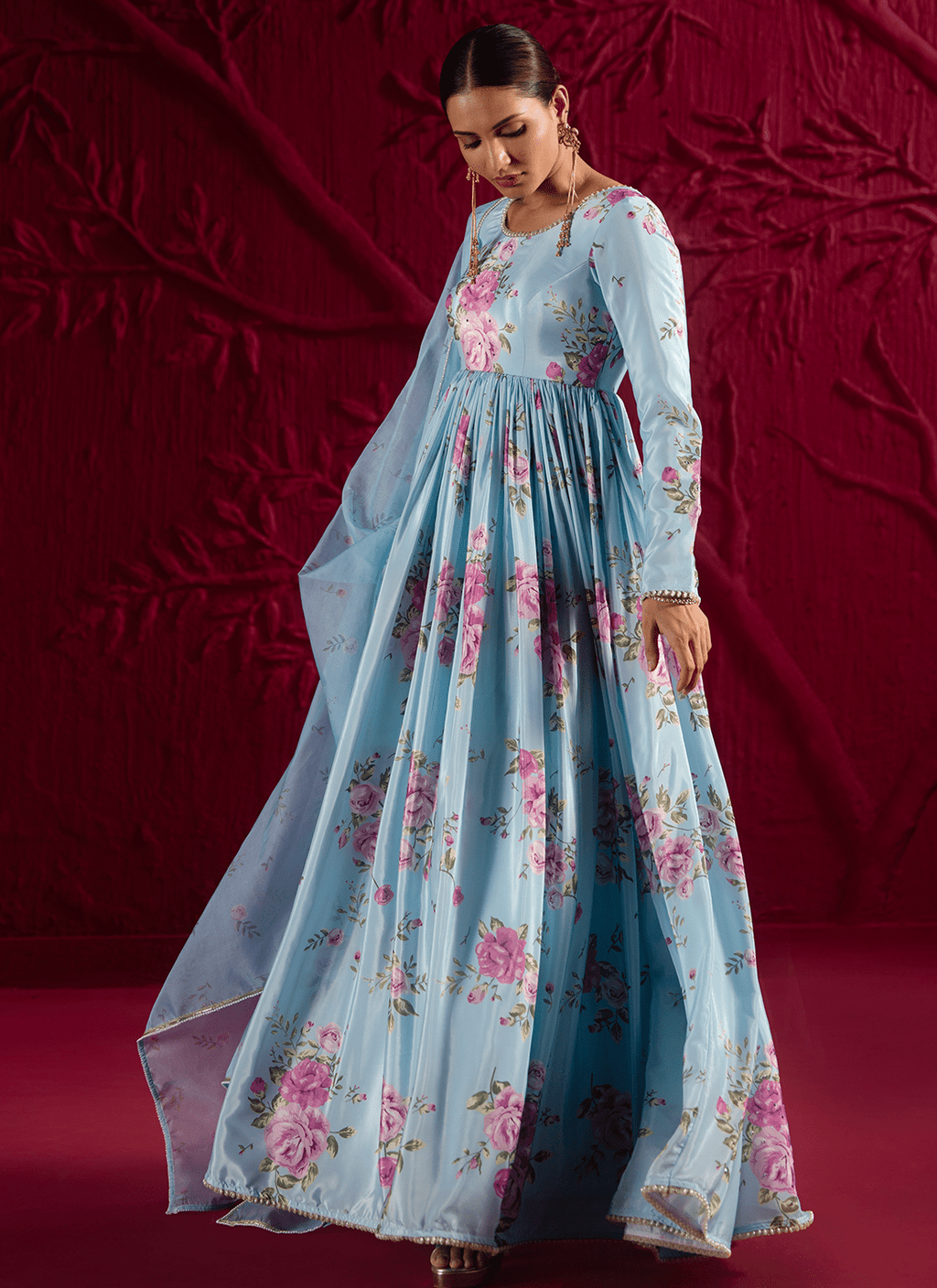 Sky Blue Floral Embroidered Crepe Anarkali