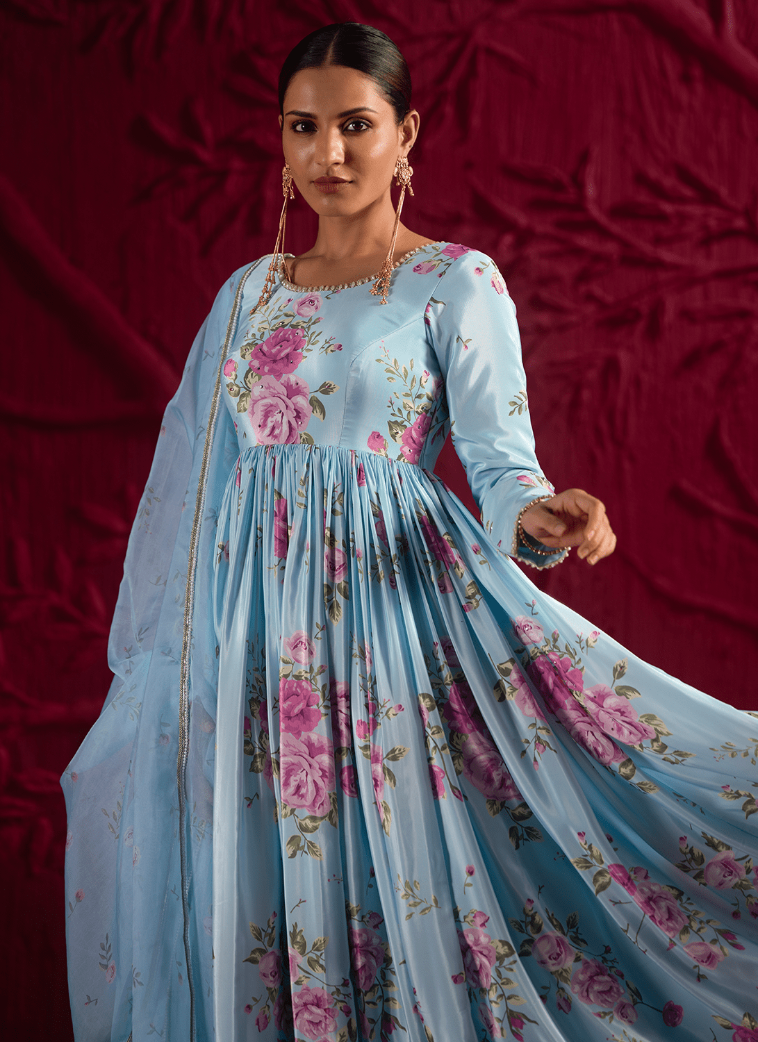Sky Blue Floral Embroidered Crepe Anarkali