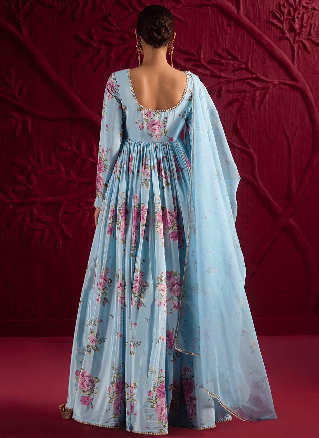 Sky Blue Floral Embroidered Crepe Anarkali