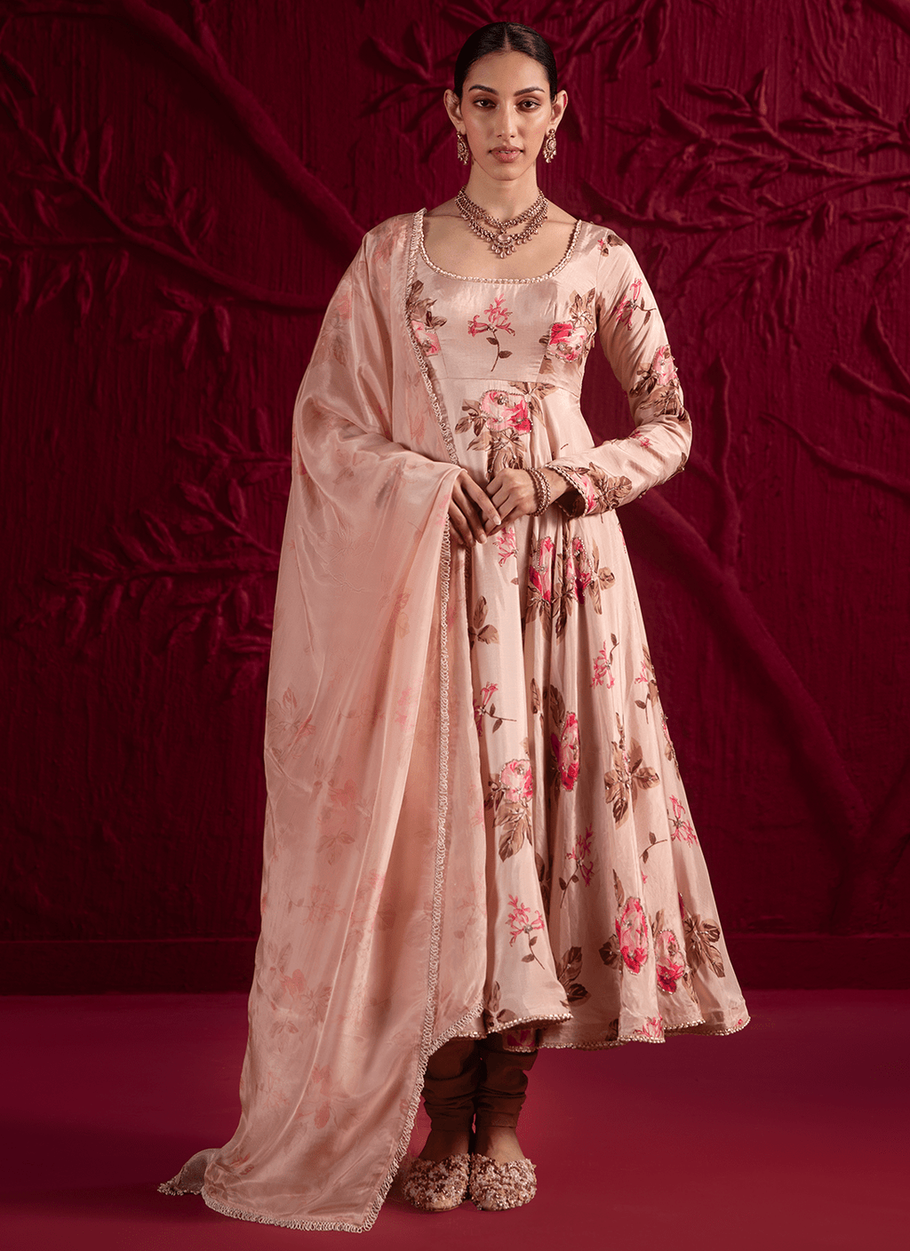 Soft Champagne Pink Floral Embroidered Anarkali