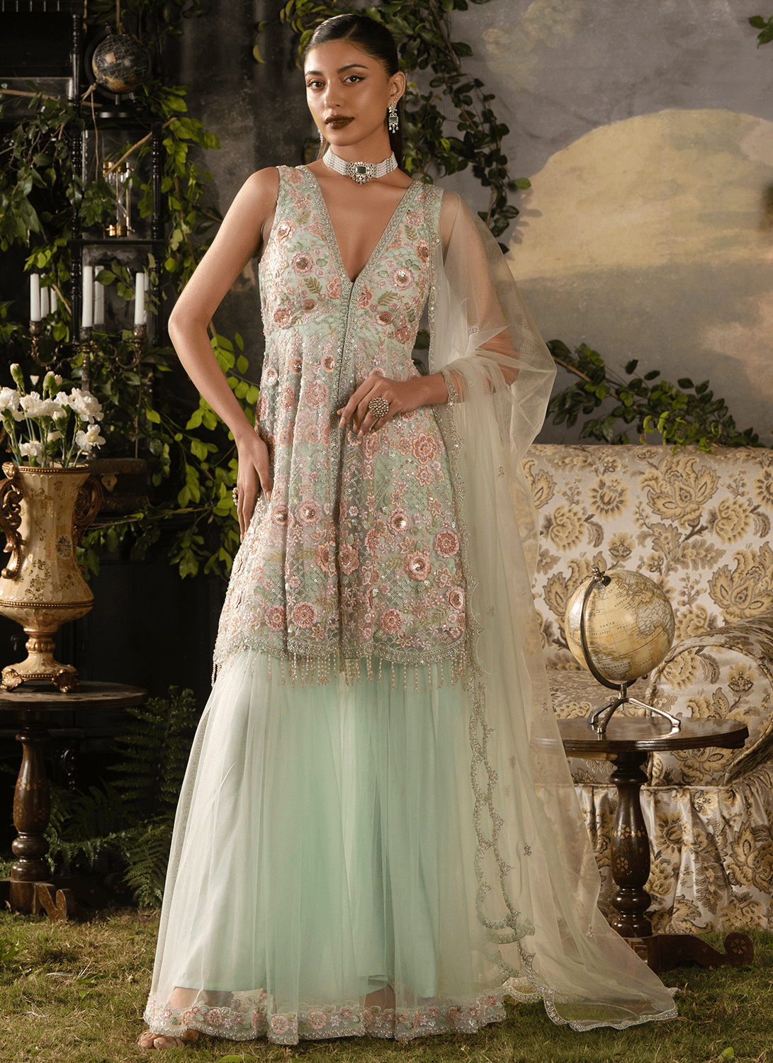 Soft Mint Embroidered Net Gharara