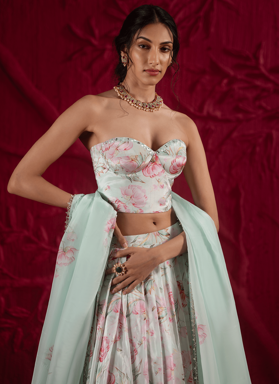 Soft Mint Green Floral Embroidered Crepe Silk Lehenga