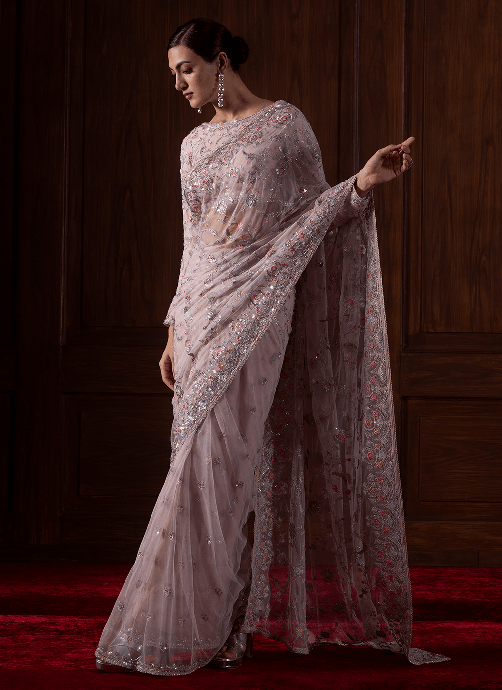Soft Pink Embroidered Net Saree