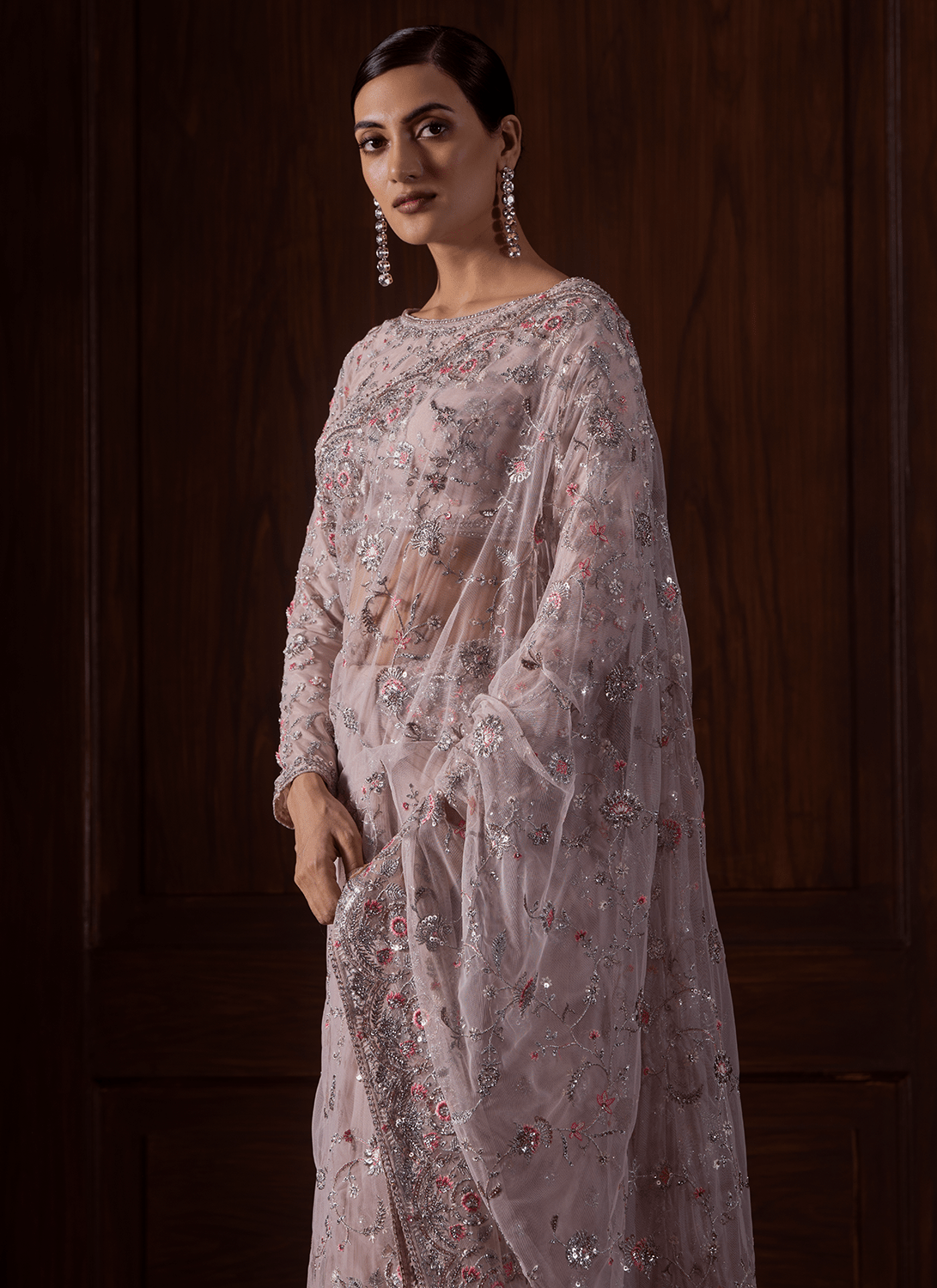 Soft Pink Embroidered Net Saree