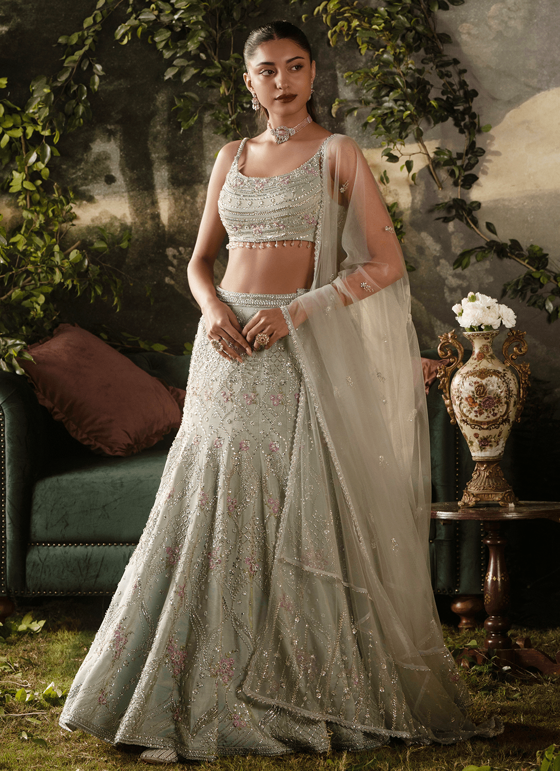 Steel Grey Fishcut Embroidered Tissue Lehenga