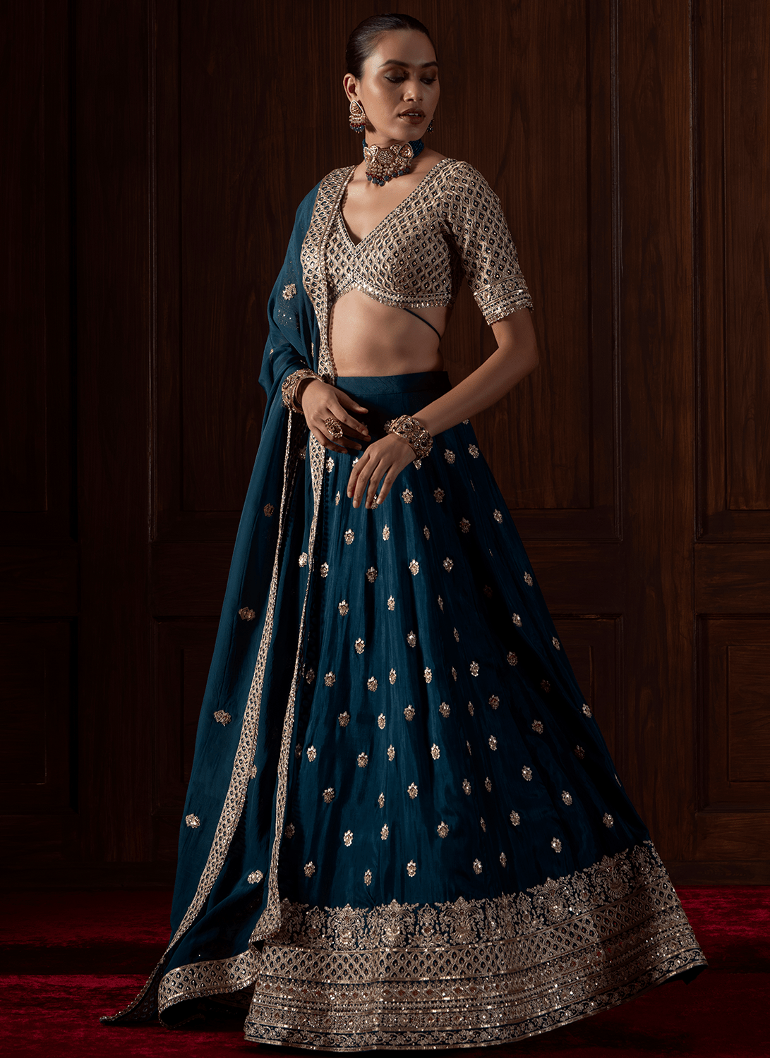 Teal Embroidered Silk Lehenga