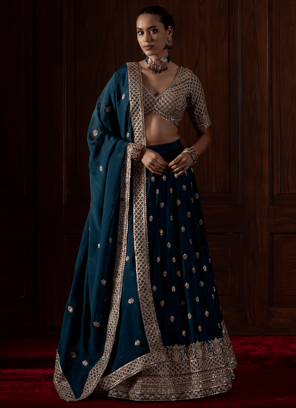 Teal Embroidered Silk Lehenga