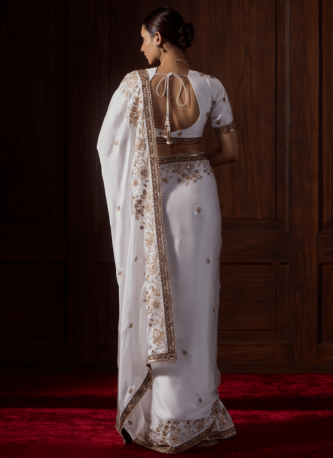 White Embroidered Satin Organza Saree