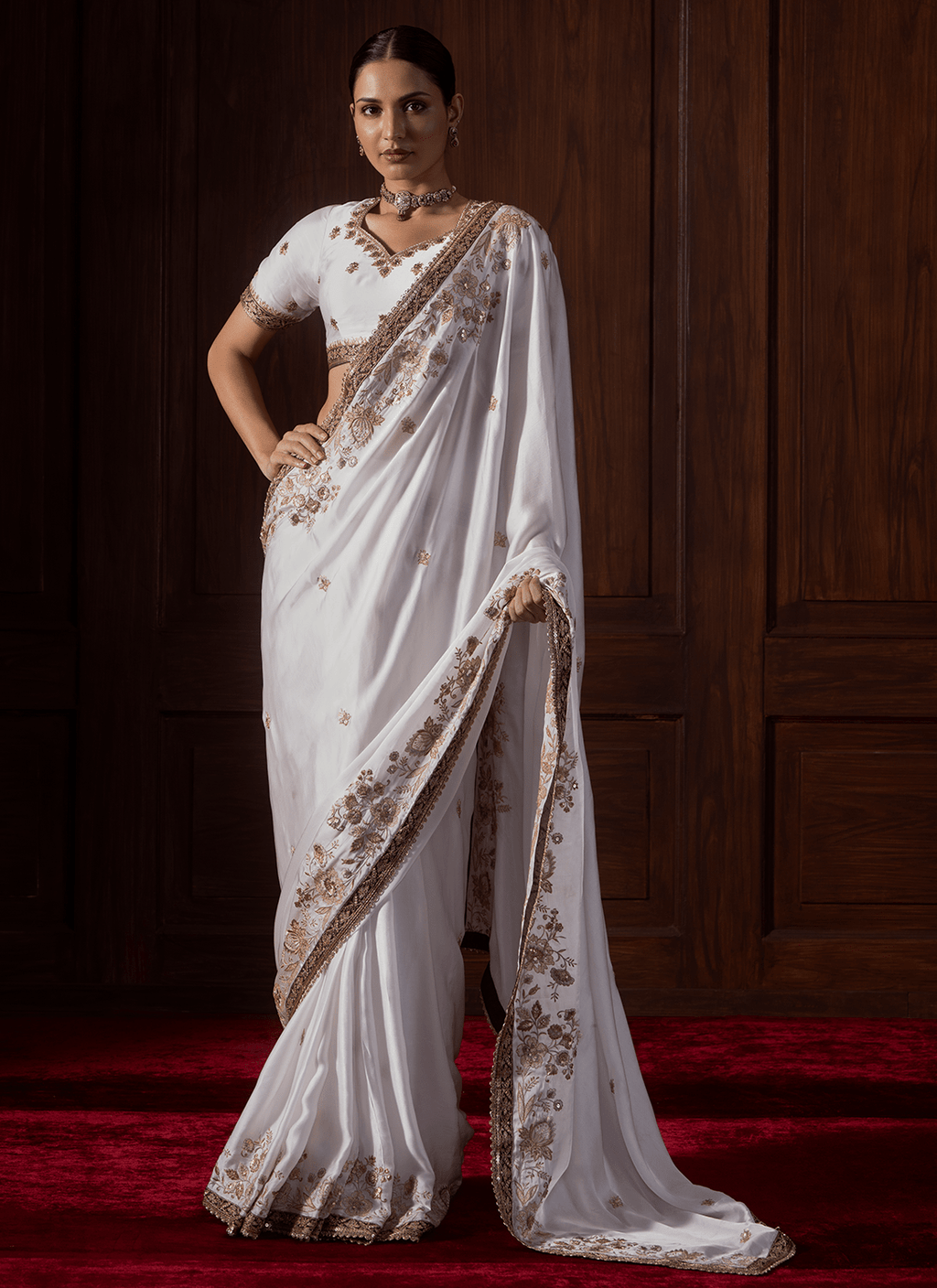White Embroidered Satin Organza Saree