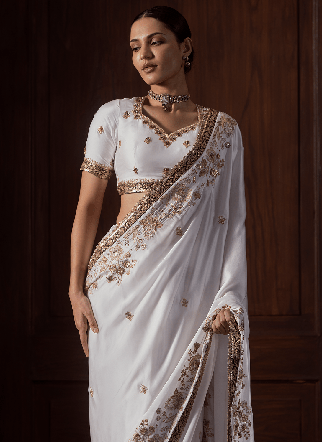White Embroidered Satin Organza Saree