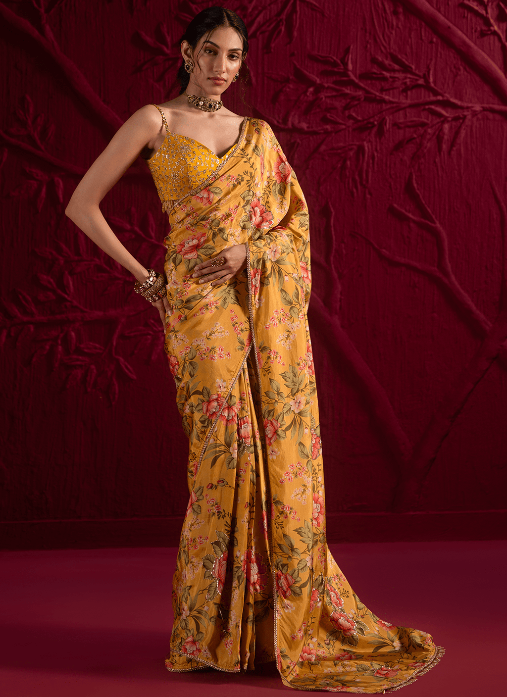 Yellow Floral Embroidered Crepe Silk Saree