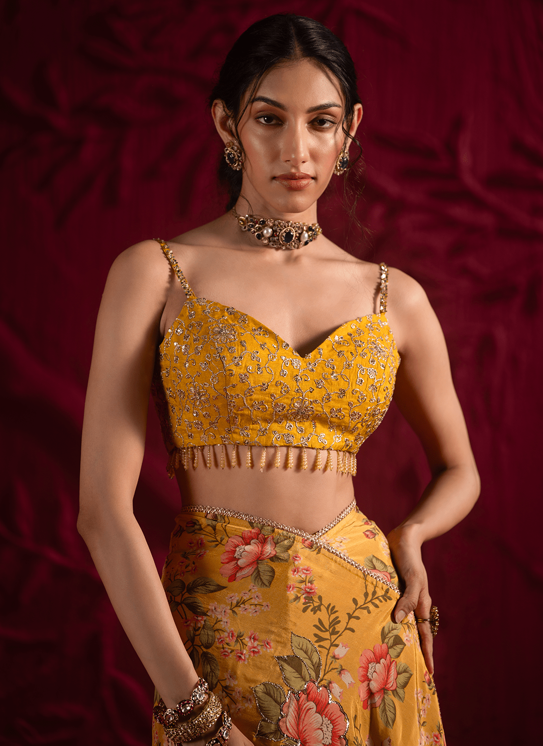 Yellow Floral Embroidered Crepe Silk Saree