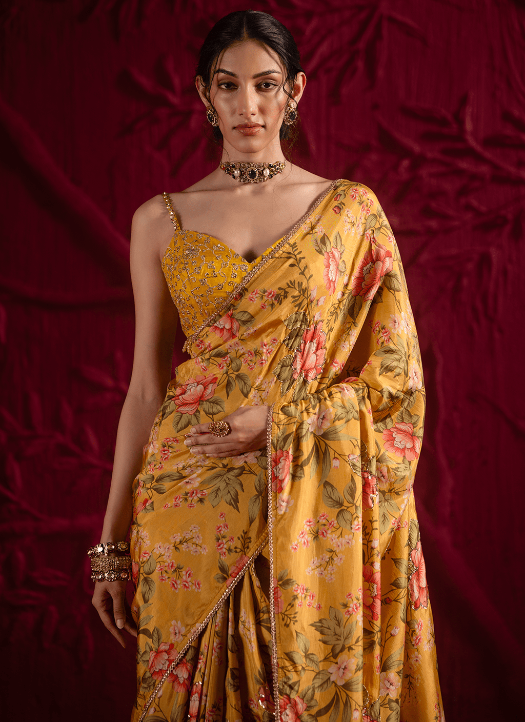 Yellow Floral Embroidered Crepe Silk Saree