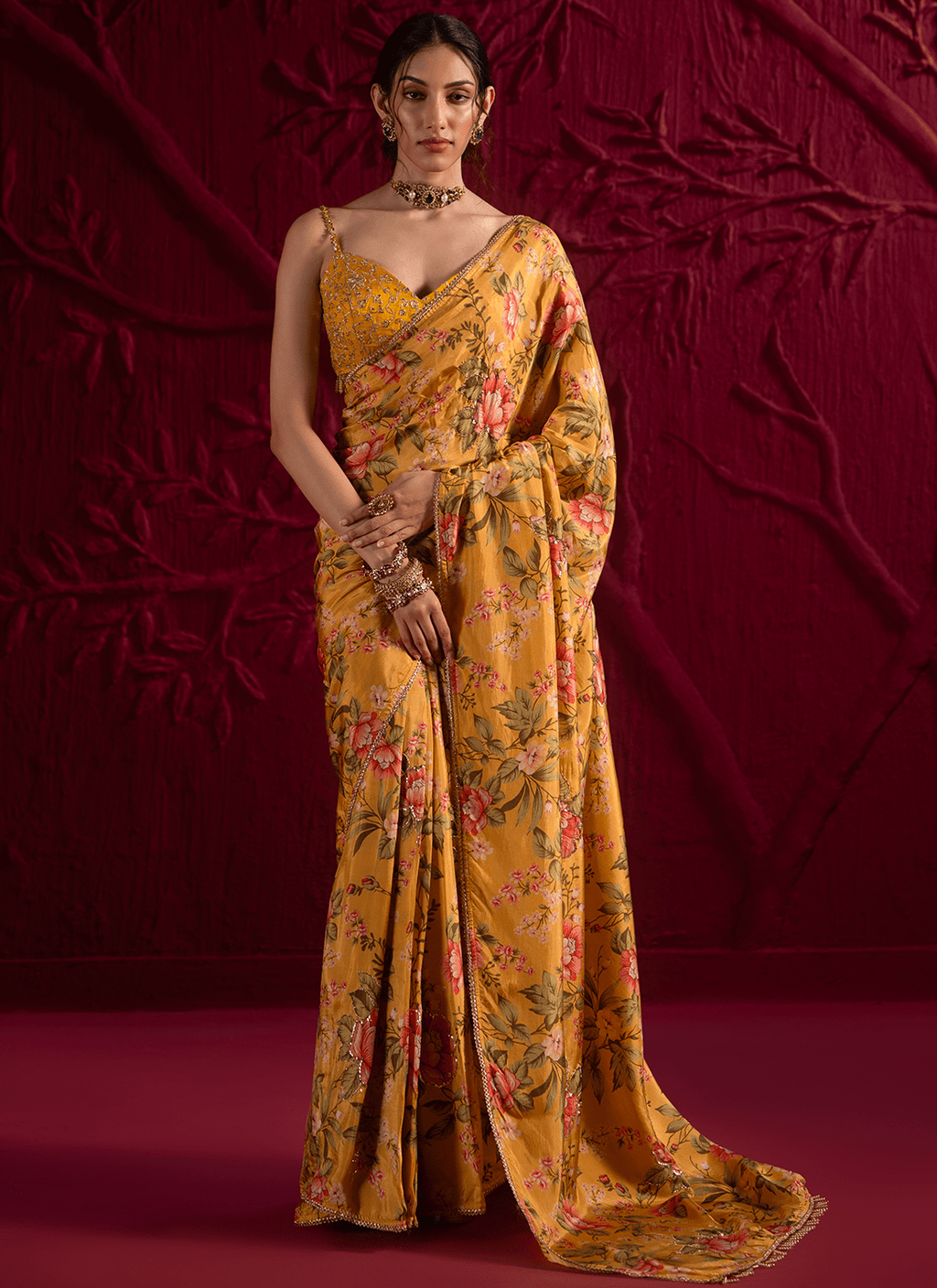 Yellow Floral Embroidered Crepe Silk Saree