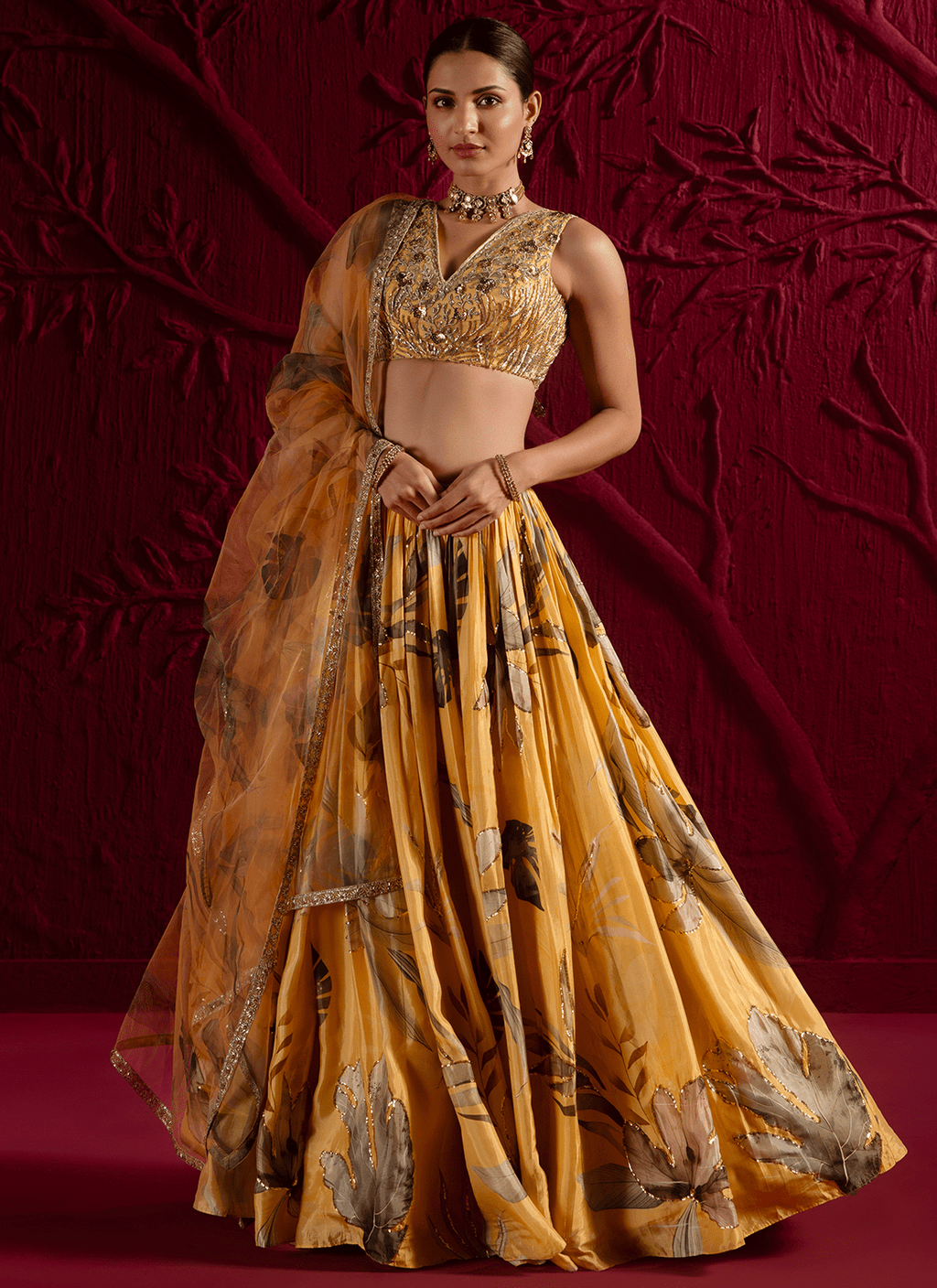 Yellow Floral Embroidered Viscose Satin Georgette Lehenga