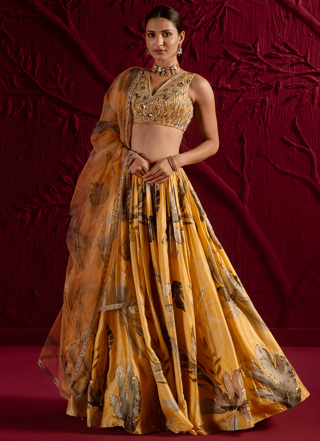 Yellow Floral Embroidered Viscose Satin Georgette Lehenga