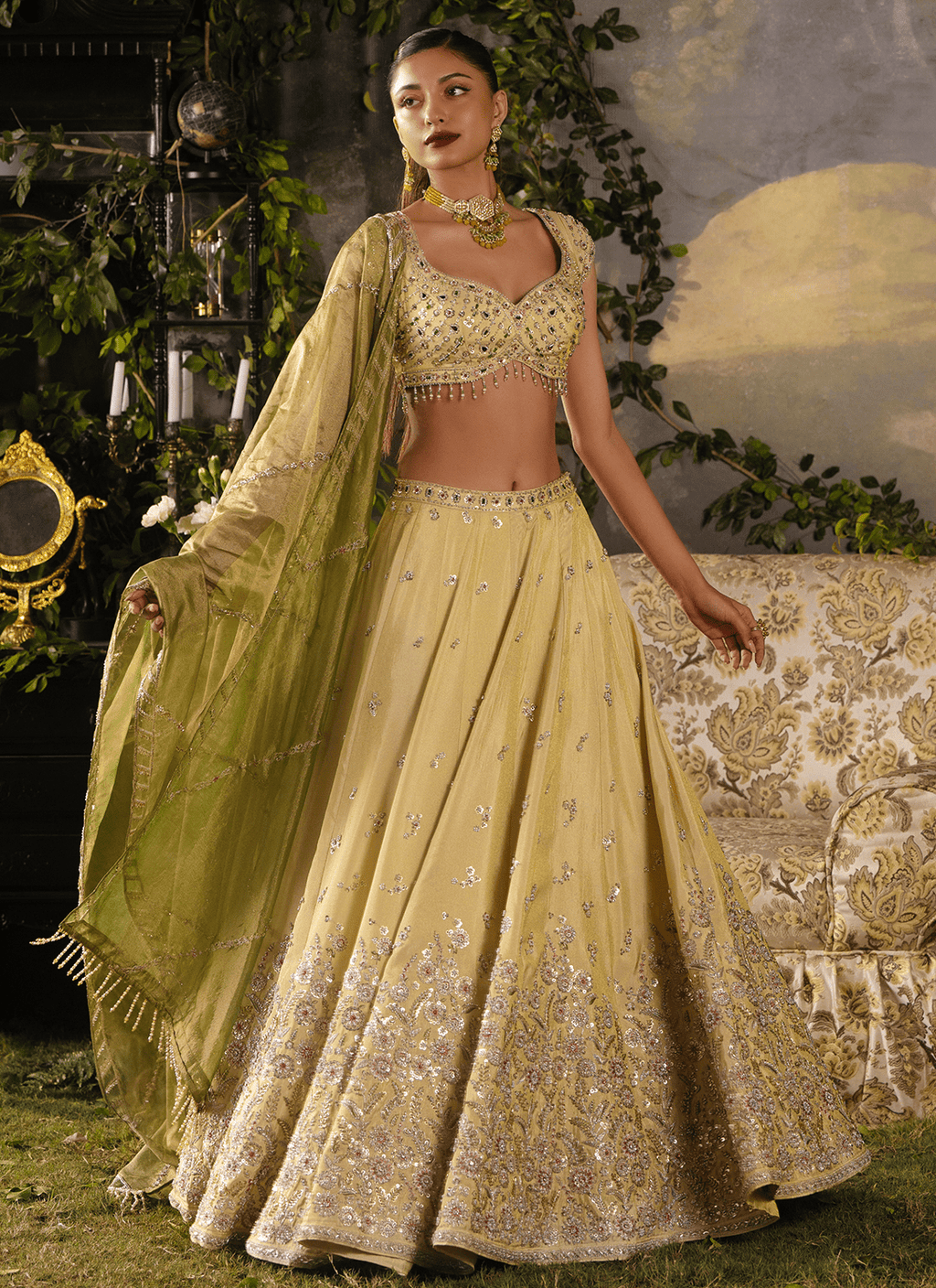 Yellow Gold Embroidered Tissue Lehenga